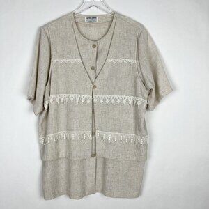 Alfred Dunner Vintage 90s Tunic Top Oatmeal Women's 18W Attached Vest Lace Trim